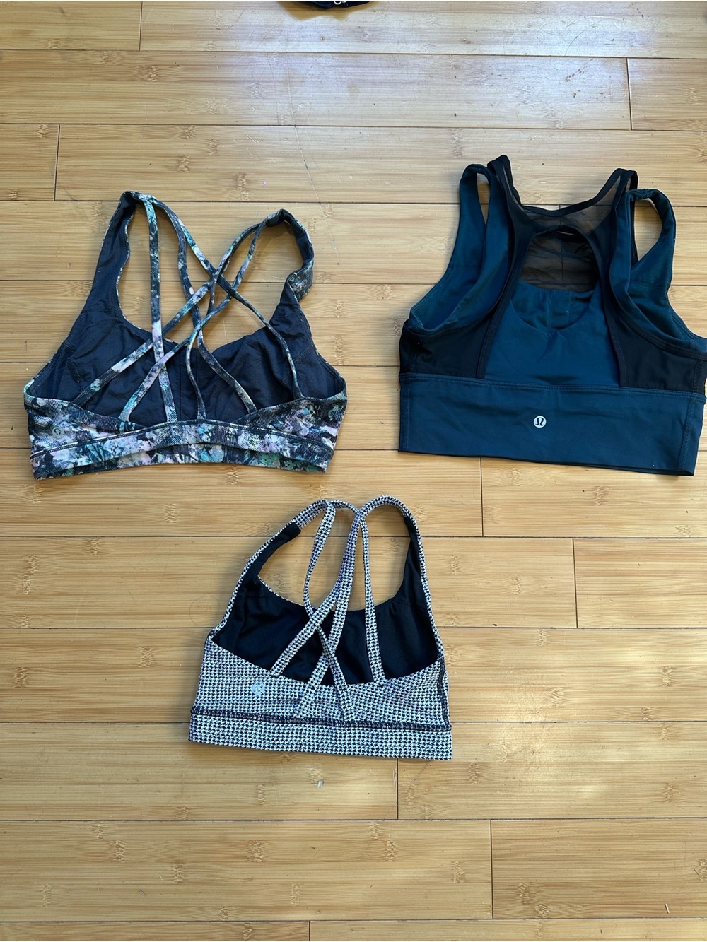 lululemon athletica Teal, Floral & Black-White Strappy Sports Bra Trio